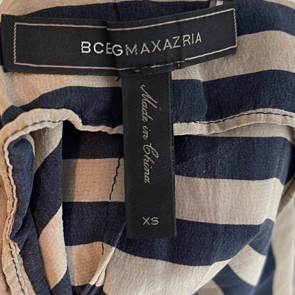 BCBG MAXAZRIA Edita Pure Silk Striped Navy and Tan Twisted Racer Back Tank Top